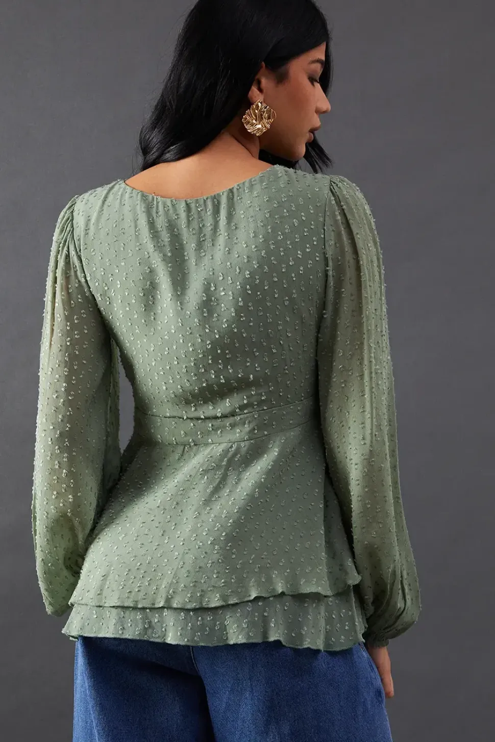 Plunge Neck Dobby Chiffon Double Layer Blouse