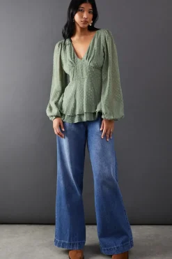Plunge Neck Dobby Chiffon Double Layer Blouse