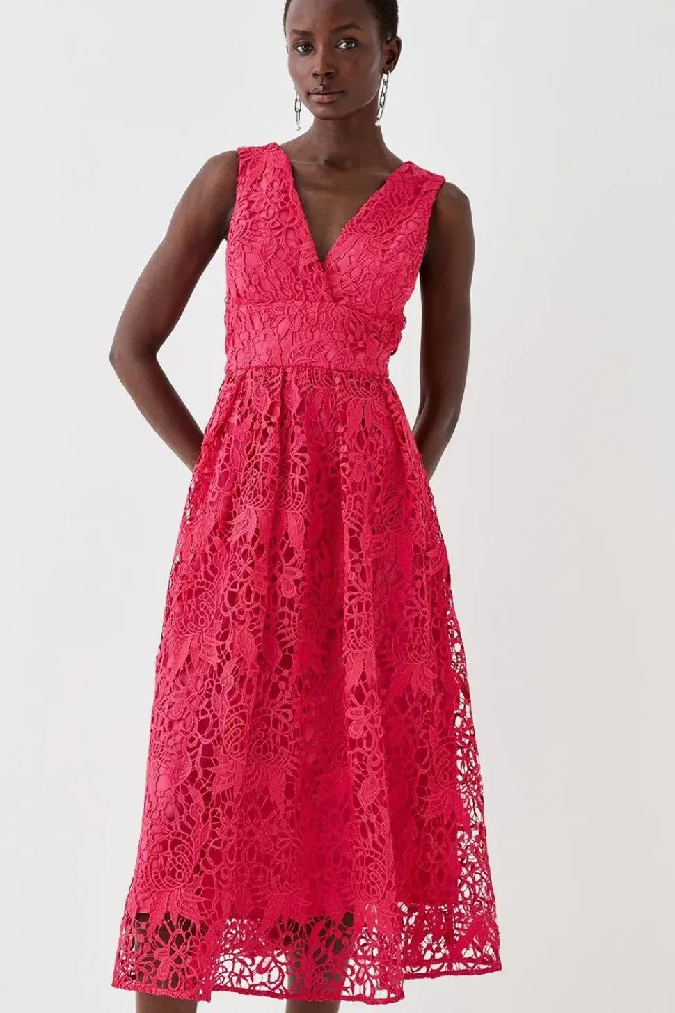 Plunge Neck Midi Dress In Lace