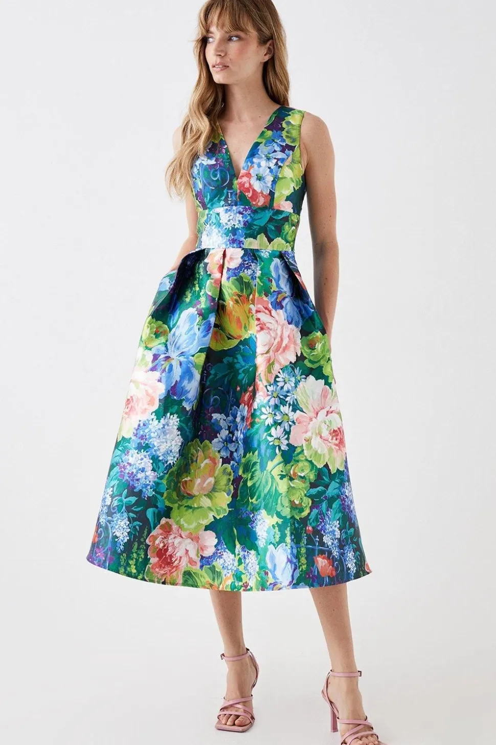 Plunge Neck Midi Dress In Printed Twill
