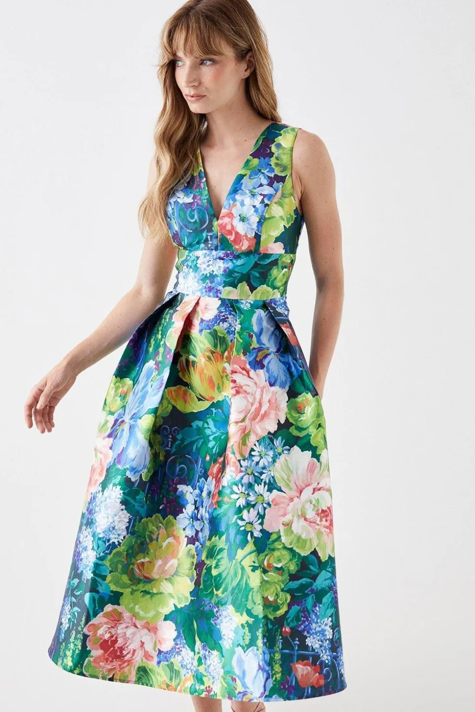 Plunge Neck Midi Dress In Printed Twill