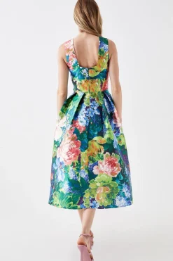 Plunge Neck Midi Dress In Printed Twill