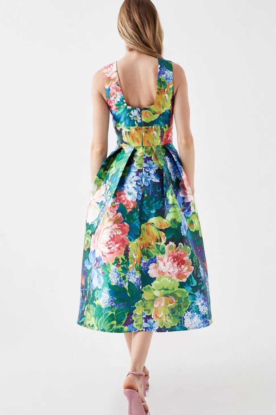 Plunge Neck Midi Dress In Printed Twill
