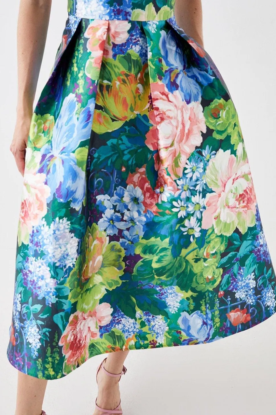 Plunge Neck Midi Dress In Printed Twill