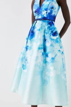 Plunge Neck Midi Dress With Bow Waist