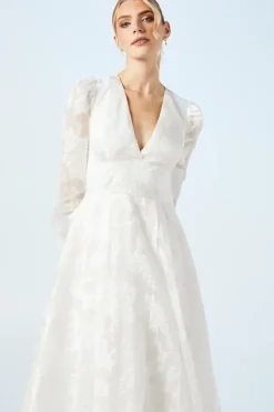Plunge Neck Organza Jacquard Blouson Sleeve Wedding Dress