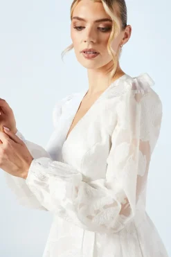 Plunge Neck Organza Jacquard Blouson Sleeve Wedding Dress