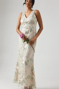 Plunge Neck Rose Embroidered Bridesmaid Dress
