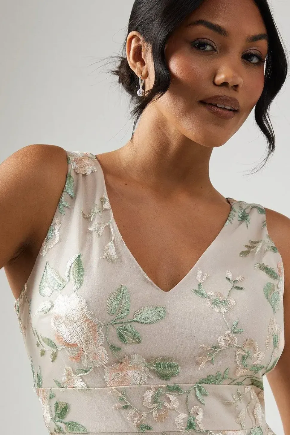 Plunge Neck Rose Embroidered Bridesmaid Dress
