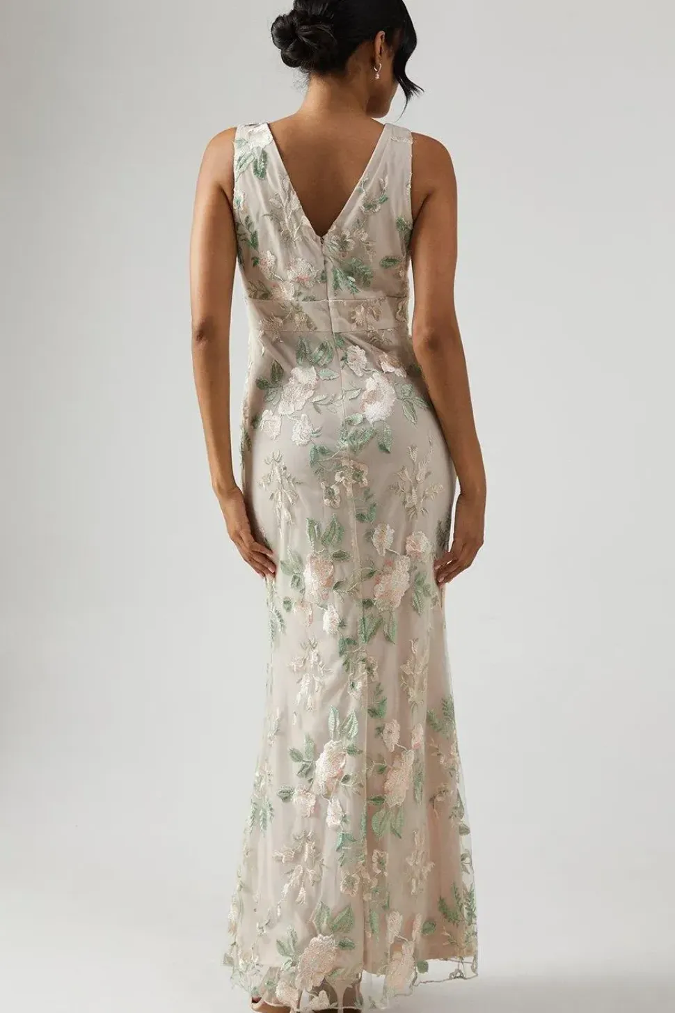 Plunge Neck Rose Embroidered Bridesmaid Dress