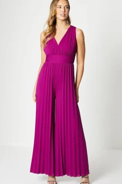 Plunge Neck Slinky Jersey Pleated Jumpsuit