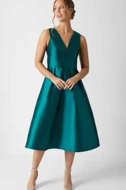 Plunge Neck Structured Twill Midi Bridesmaid Dress