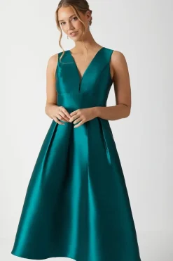 Plunge Neck Structured Twill Midi Bridesmaid Dress