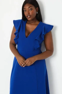 Plus Fit & Flare Midi Dress With V Neck & Ruffle