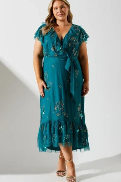 Plus Frill Wrap Front Embellished Midi Dress