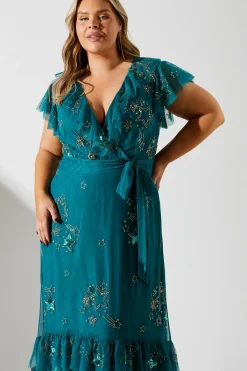 Plus Frill Wrap Front Embellished Midi Dress
