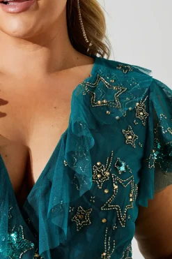 Plus Frill Wrap Front Embellished Midi Dress