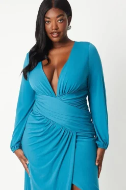 Plus Jersey Tie Wrap Front Long Sleeve Maxi Dress