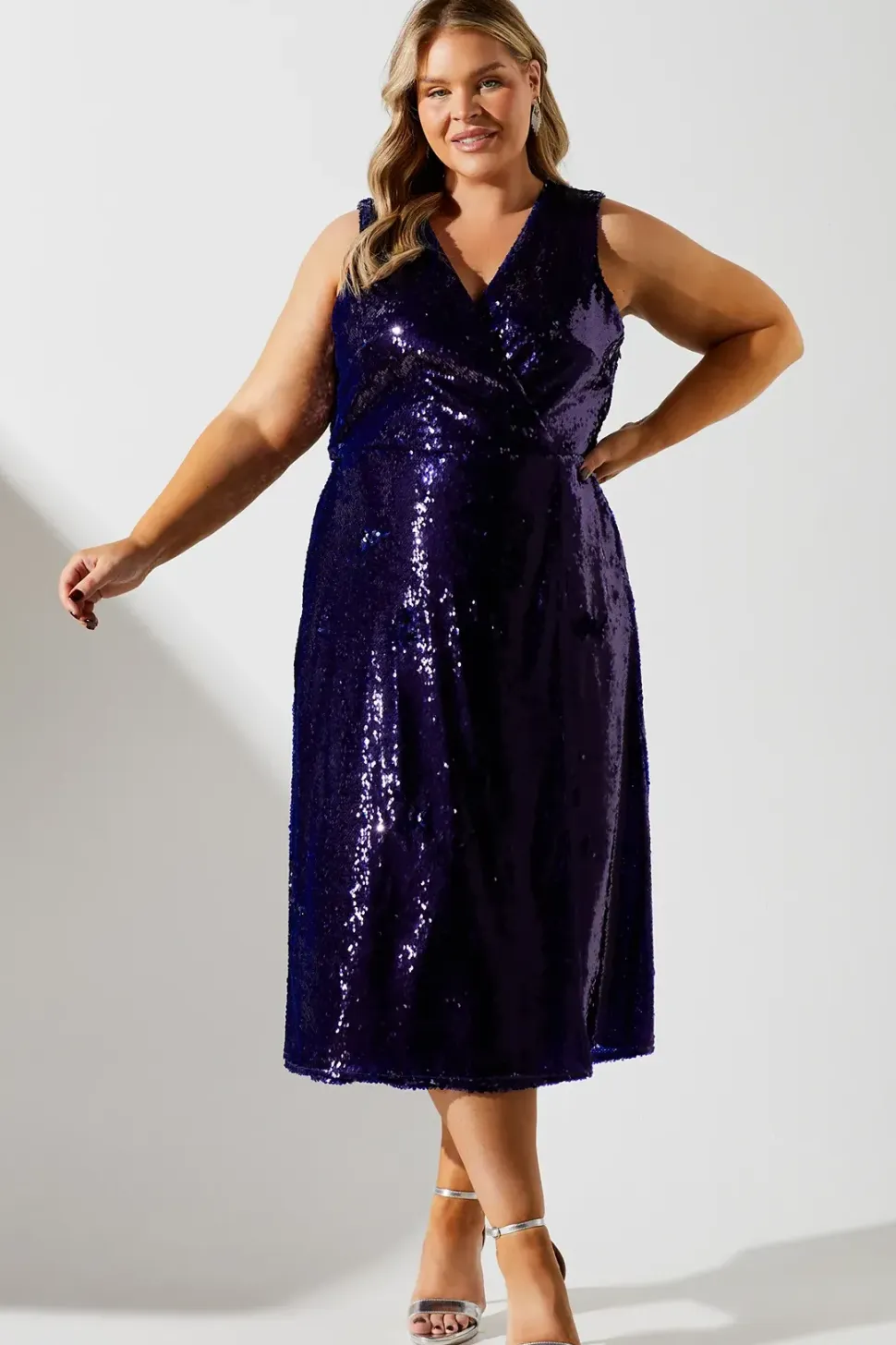 Plus Sequin Pleated Midi Dress