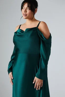 Plus Size Long Sleeve Cowl Neck Satin Bridesmaids Dress