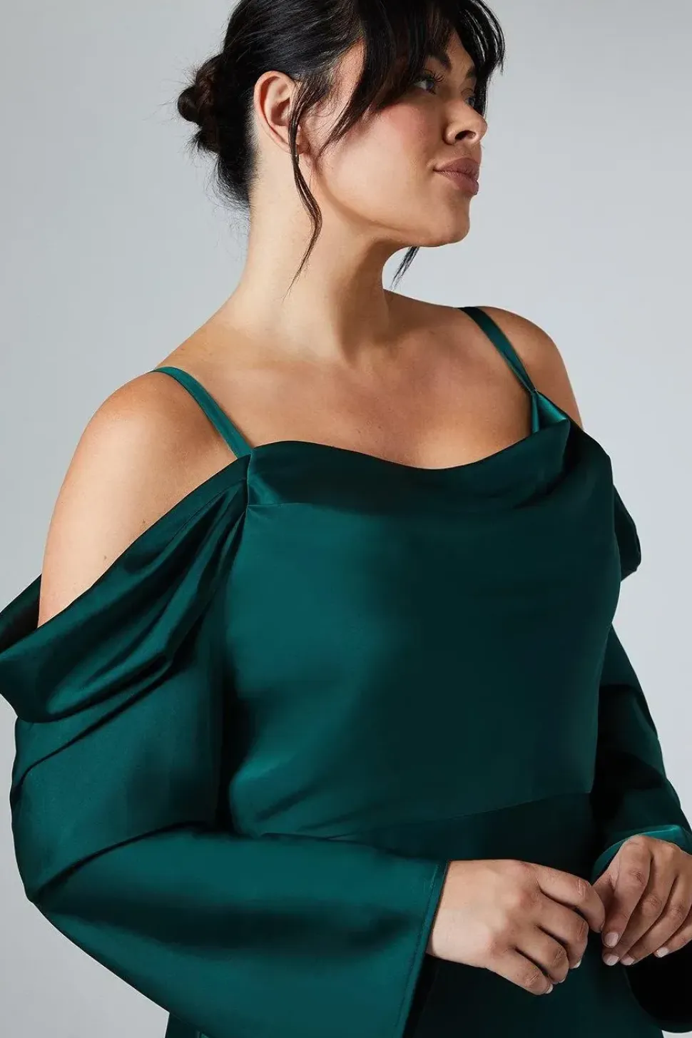 Plus Size Long Sleeve Cowl Neck Satin Bridesmaids Dress