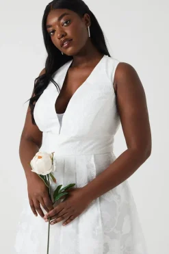 Plus Size Plunge Neck Waterfall Organza Jacquard Maxi Dress