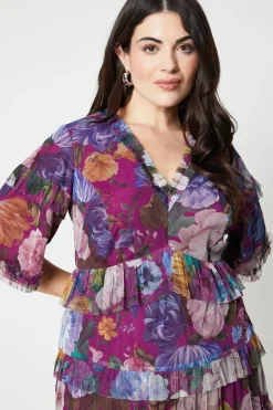 Plus Size Printed Mesh Ruffle Midi Dress