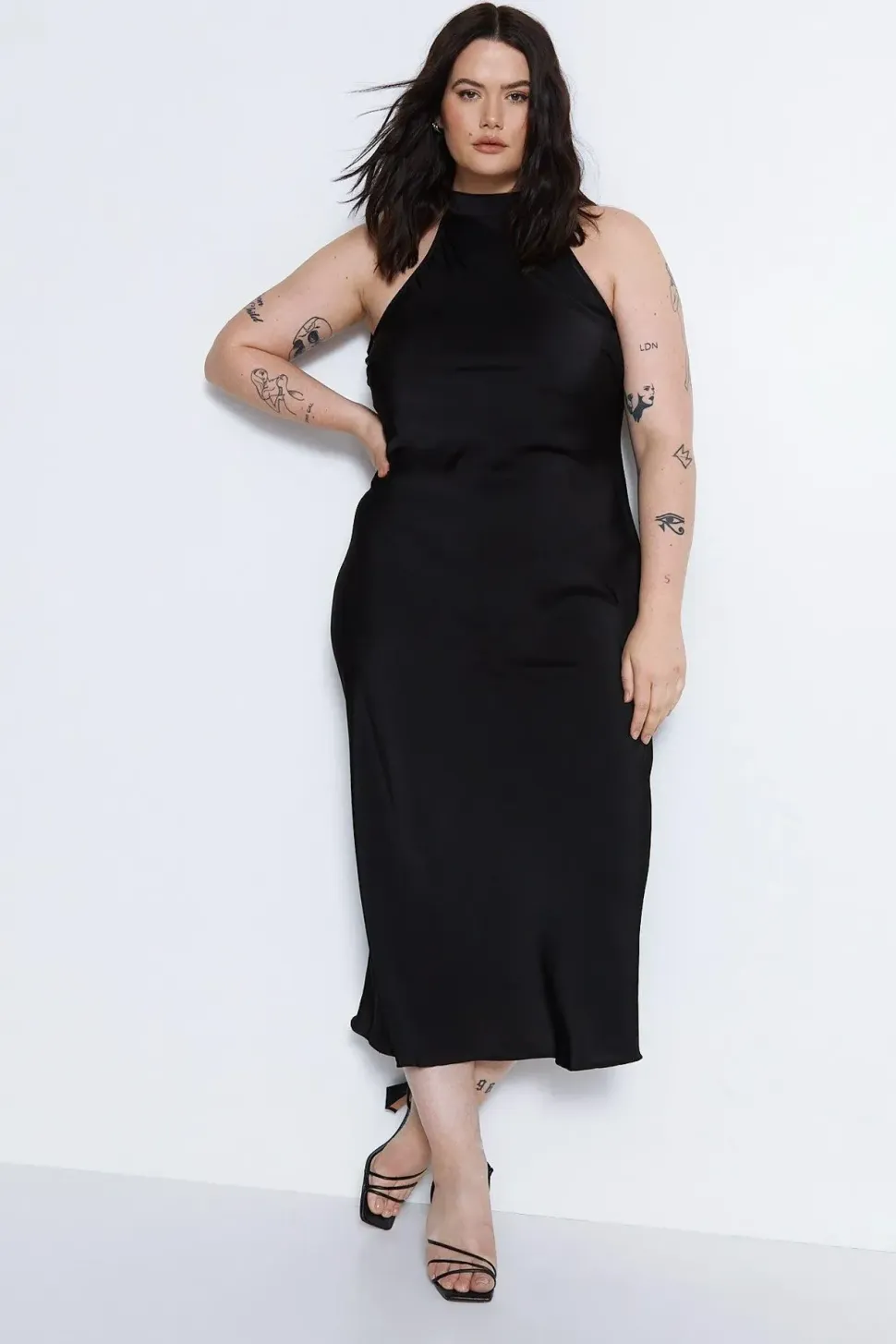 Plus Size Satin Halter Neck Backless Slip Dress