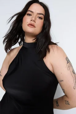 Plus Size Satin Halter Neck Backless Slip Dress