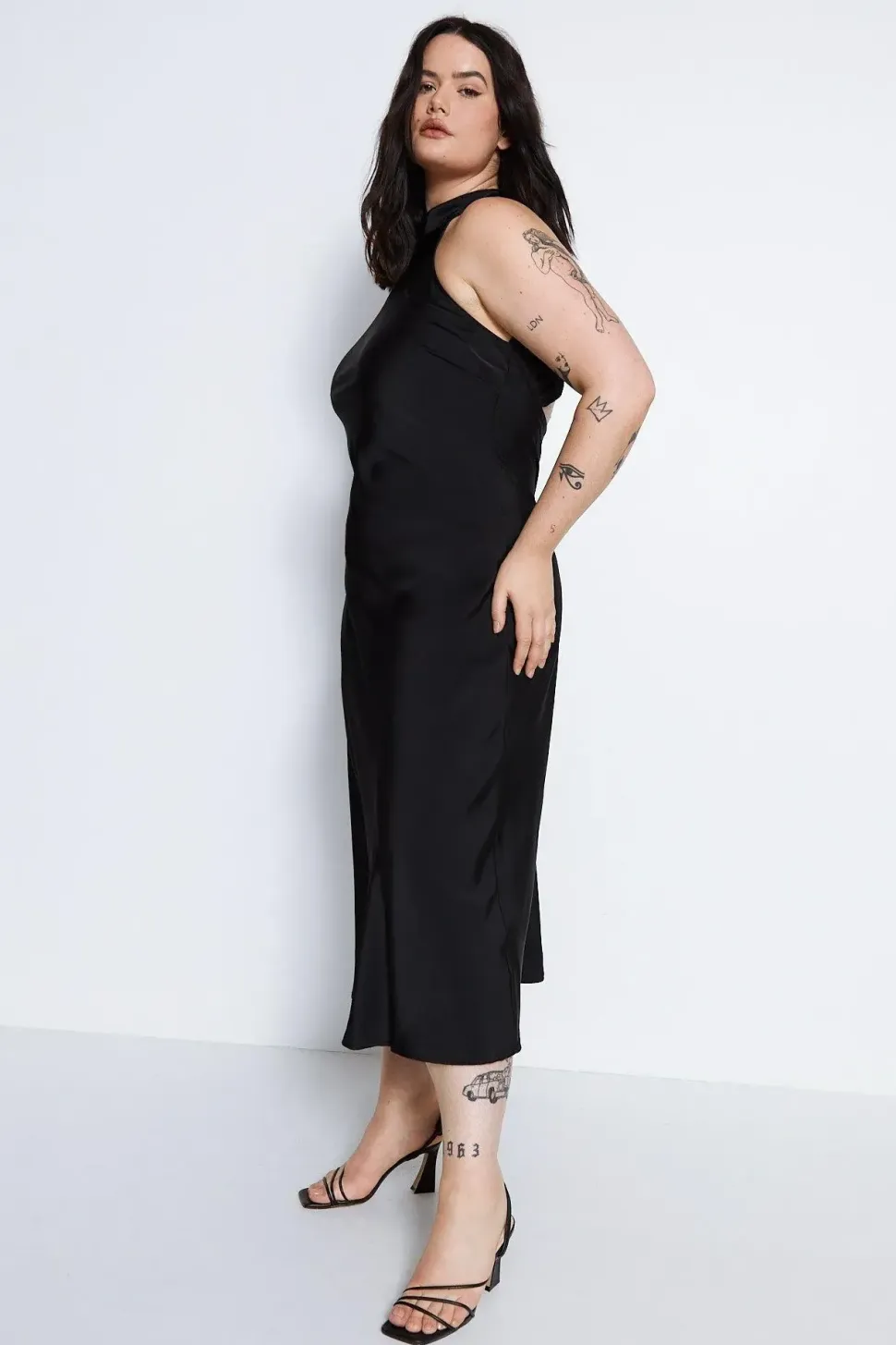 Plus Size Satin Halter Neck Backless Slip Dress