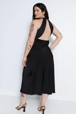 Plus Size Satin Halter Neck Backless Slip Dress