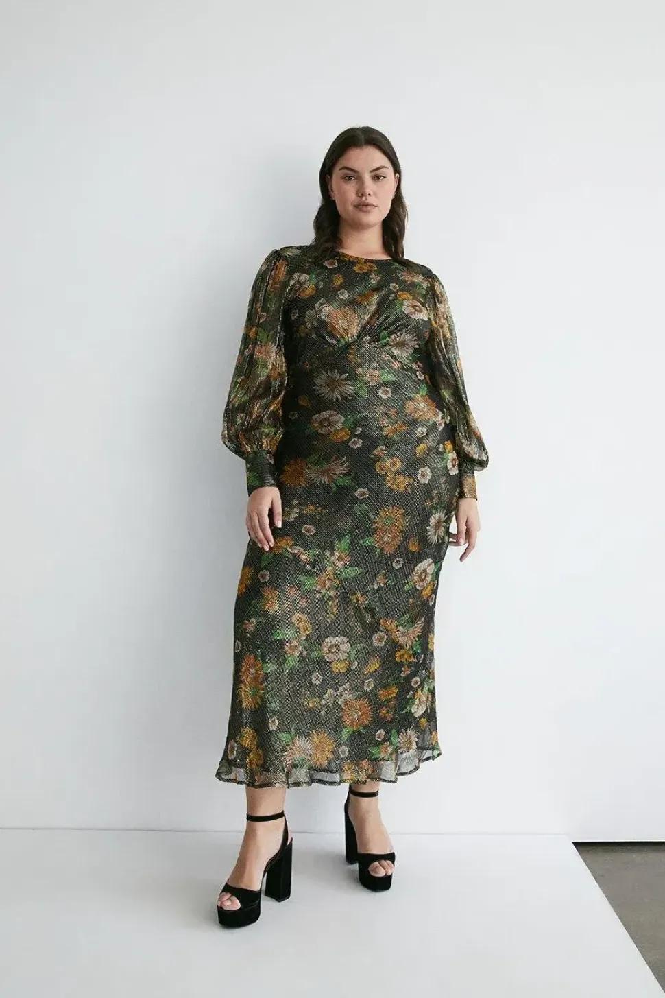 Plus Size Sparkle Floral Bias Cut Midi Dress