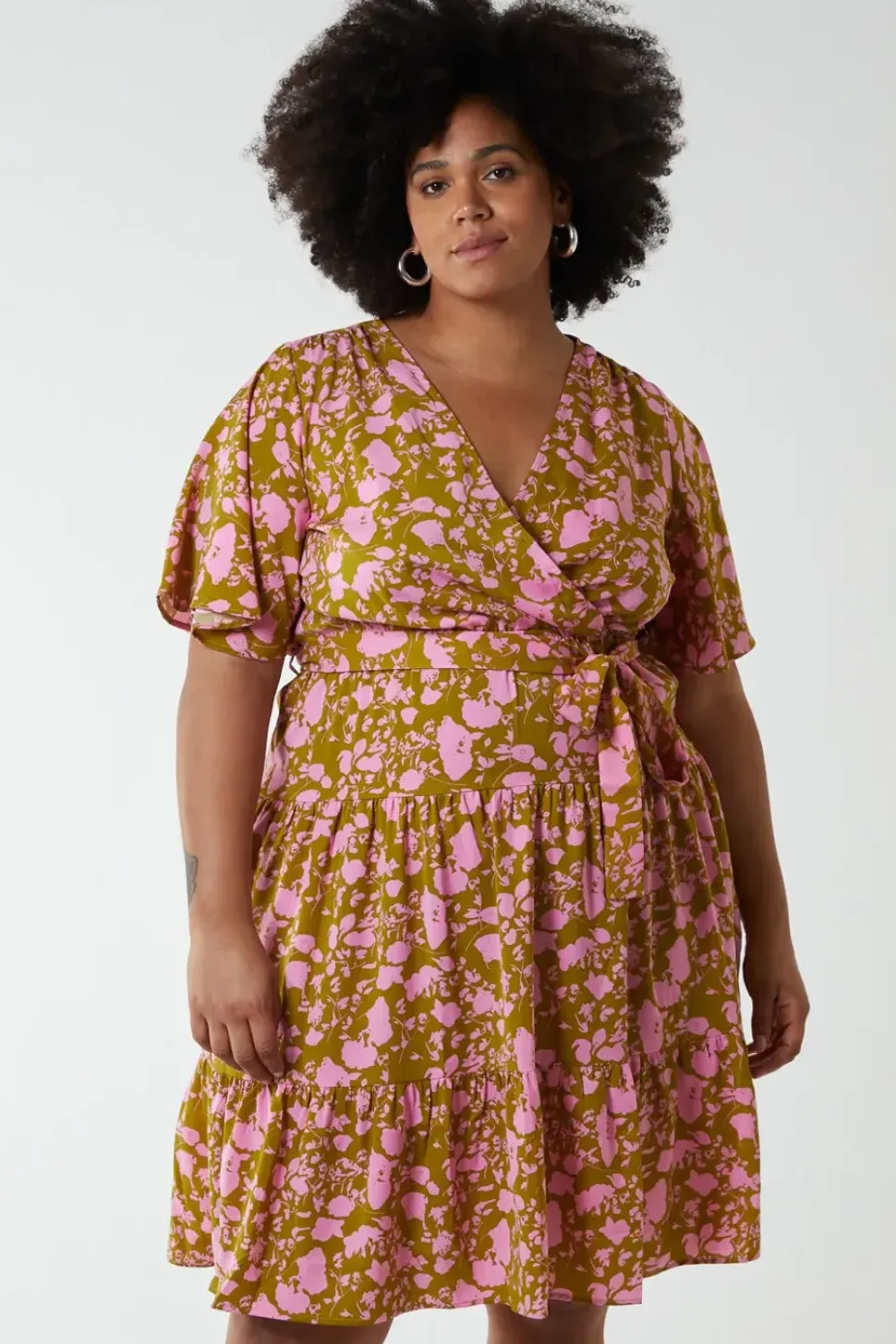 Plus Size Wrap Front Tier Hem Angel Sleeve Dress