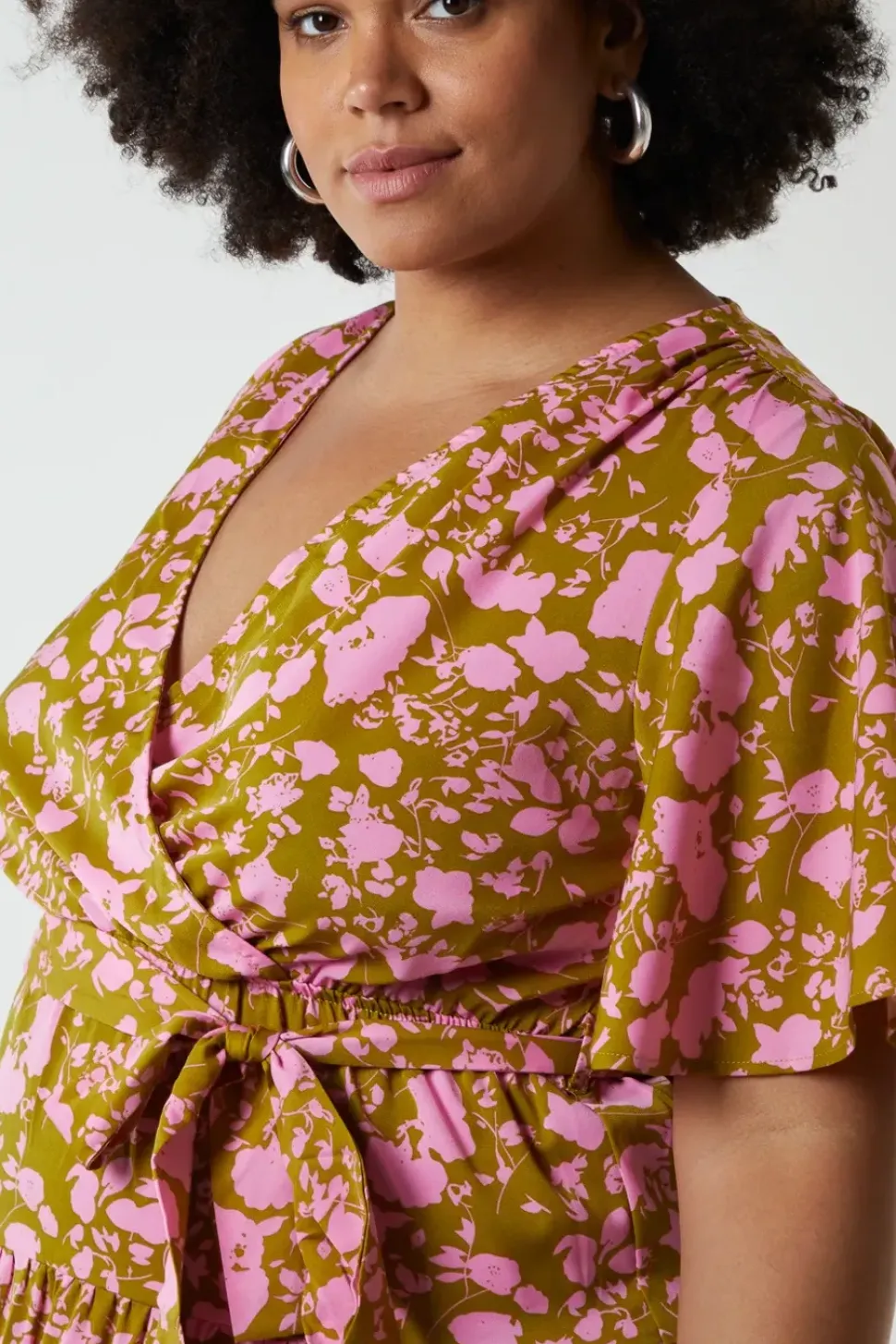 Plus Size Wrap Front Tier Hem Angel Sleeve Dress