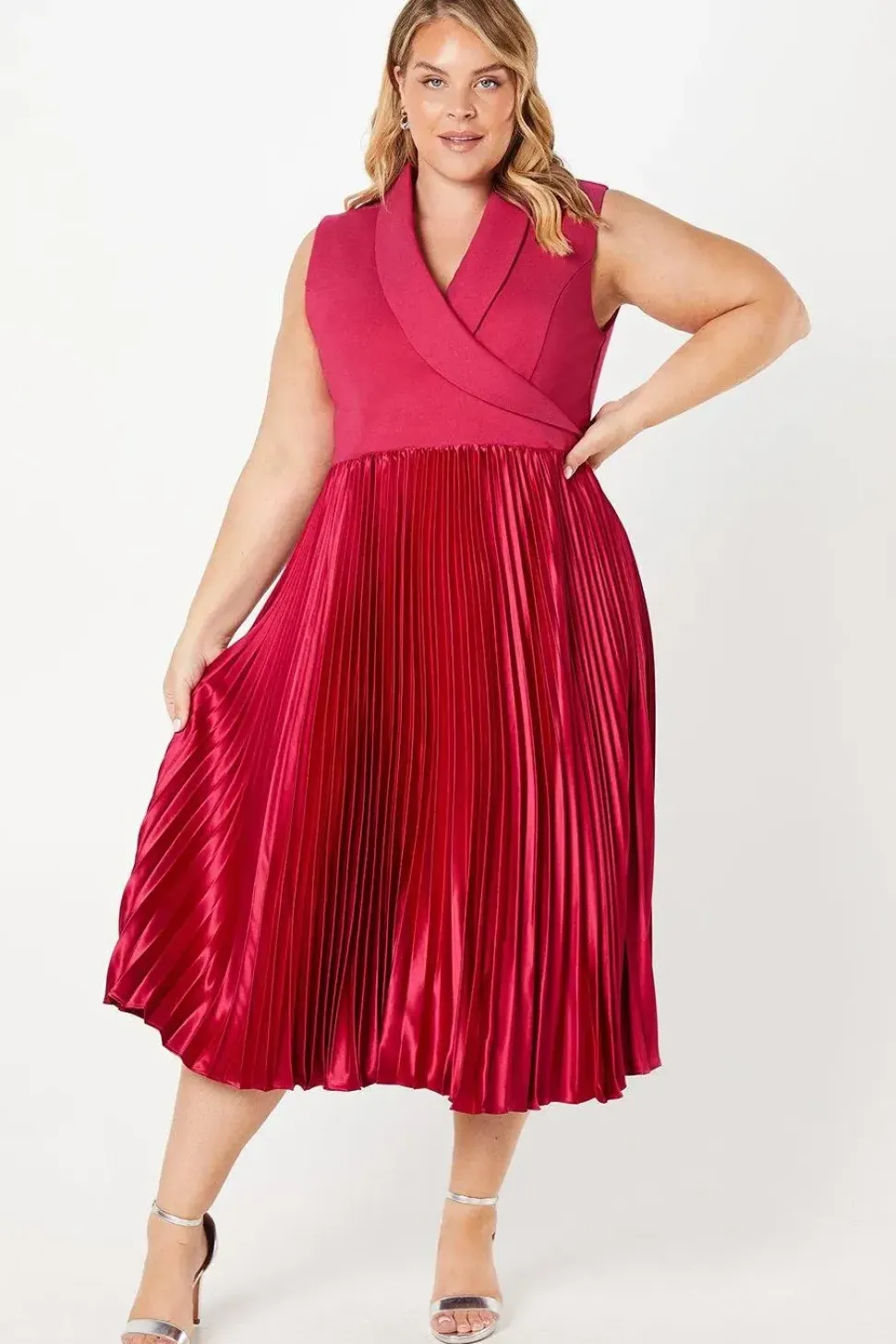 Plus Wrap Top Pleat Skirt Midi Dress