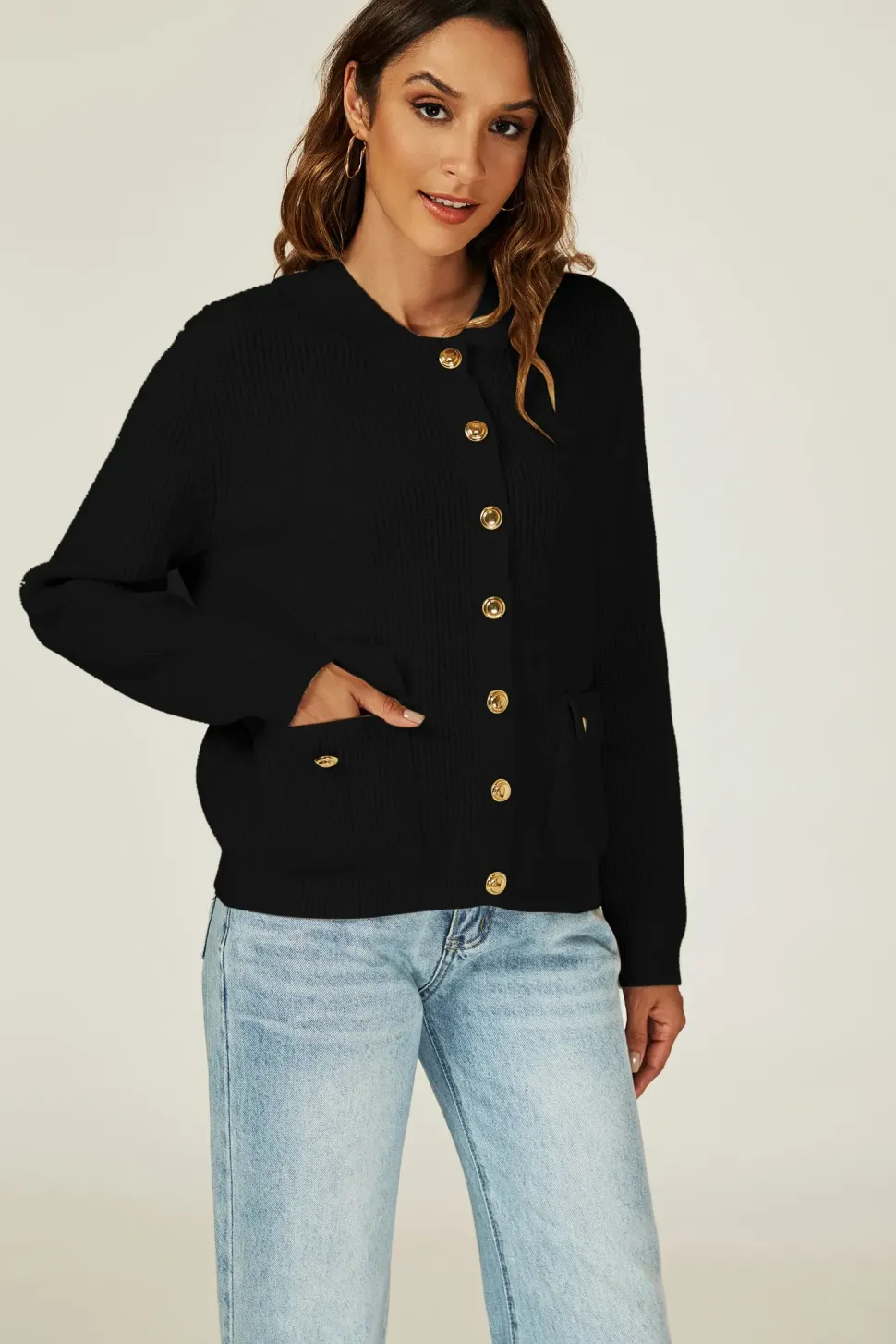 Pocket Details Knitted Cardigan In Black