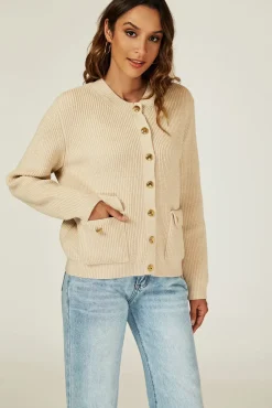 Pocket Details Knitted Cardigan In Camel