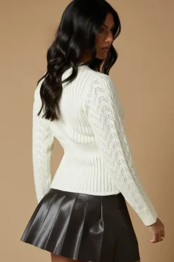 Pointelle And Cable Peplum V Neck Jumper