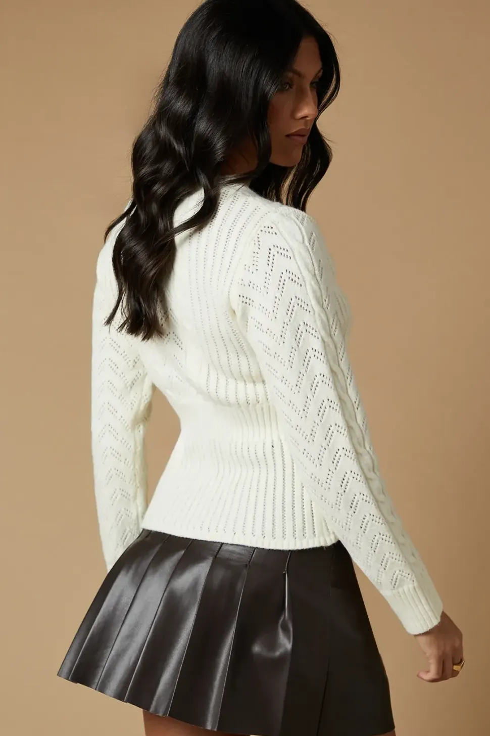 Pointelle And Cable Peplum V Neck Jumper
