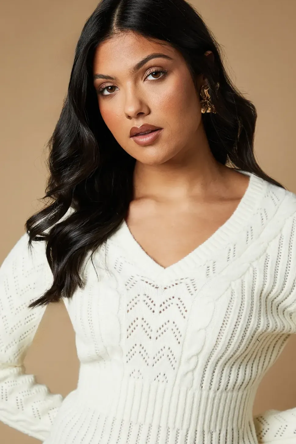 Pointelle And Cable Peplum V Neck Jumper