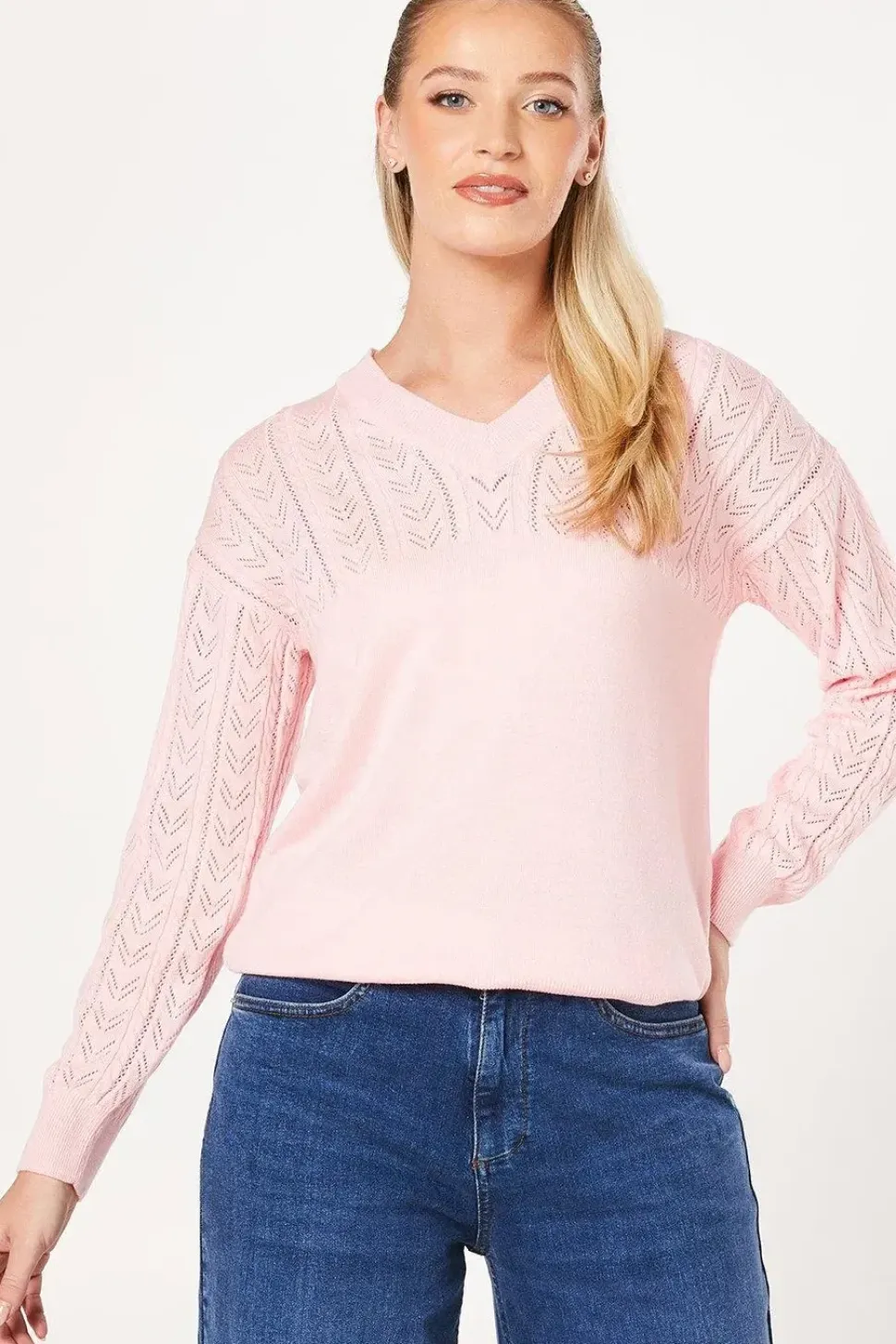 Pointelle Detail V Neck Jumper
