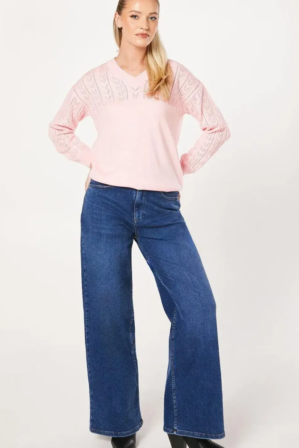 Pointelle Detail V Neck Jumper