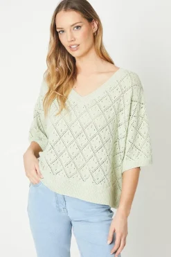 Pointelle Slouchy V Neck Sweater