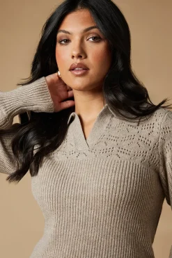 Pointelle Stitch Yoke Collared Knitted Jumper