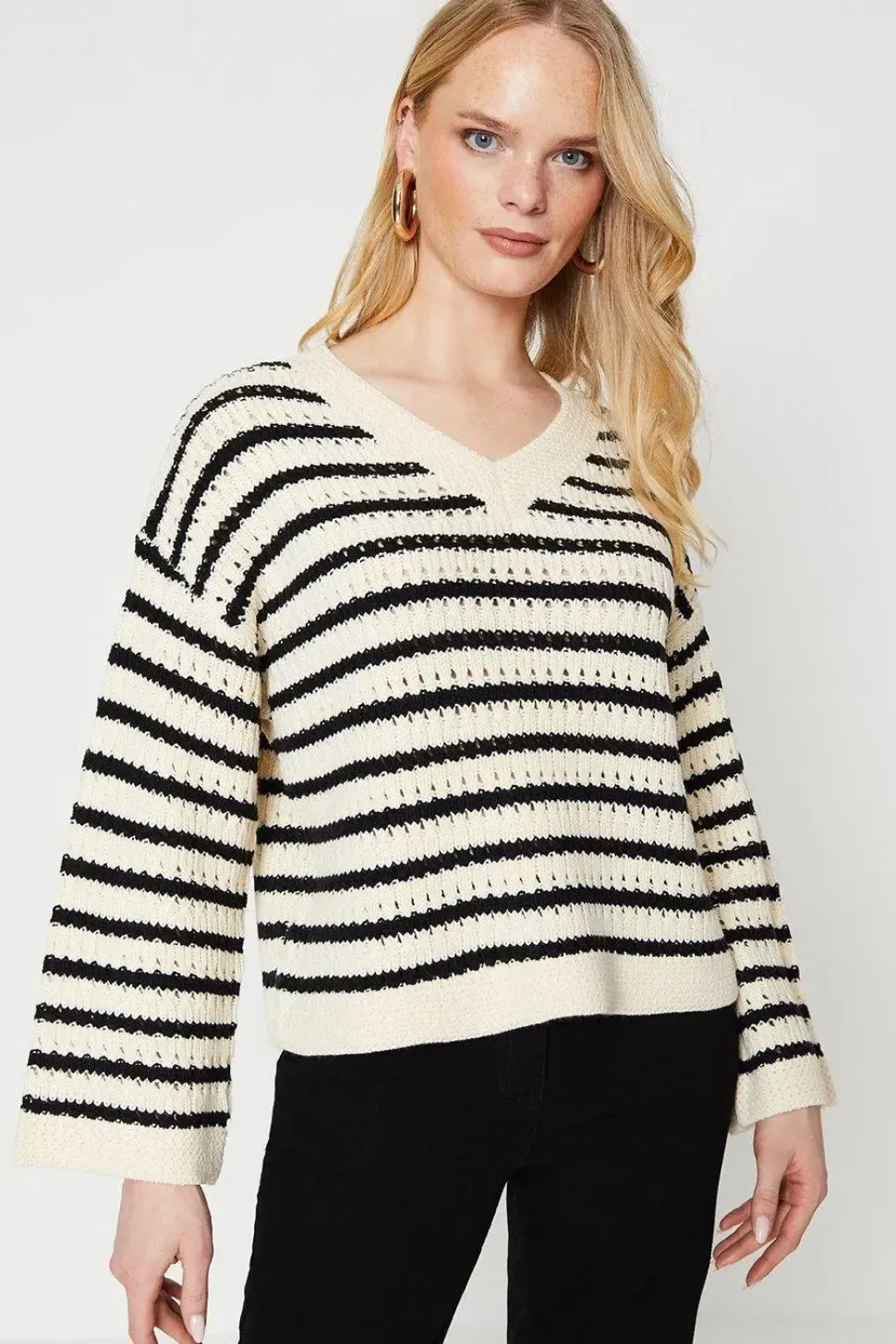 Pointelle Stripe V Neck Sweater