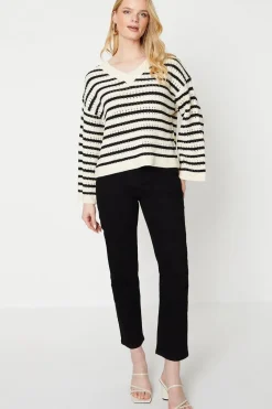Pointelle Stripe V Neck Sweater
