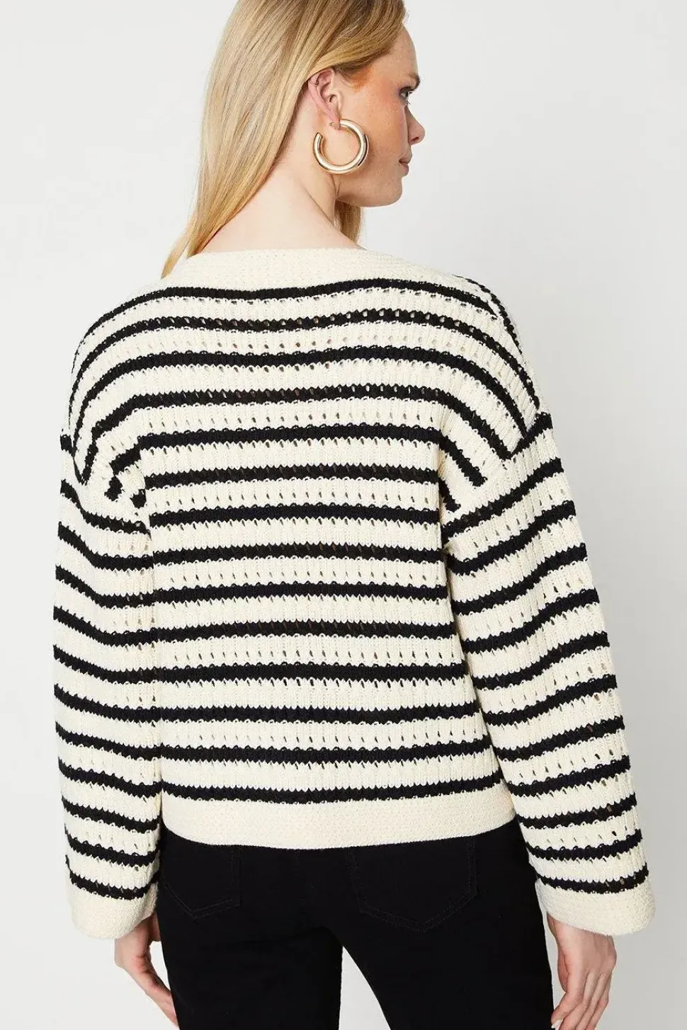 Pointelle Stripe V Neck Sweater