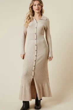 Pointelle Waist Detail Button Down Knitted Midi Dress