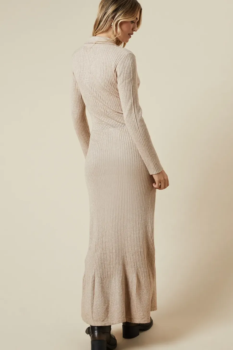 Pointelle Waist Detail Button Down Knitted Midi Dress