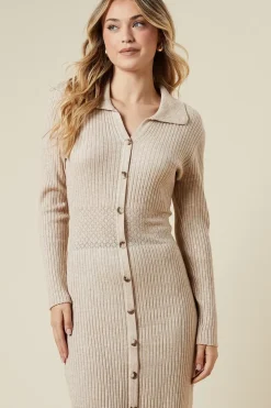 Pointelle Waist Detail Button Down Knitted Midi Dress